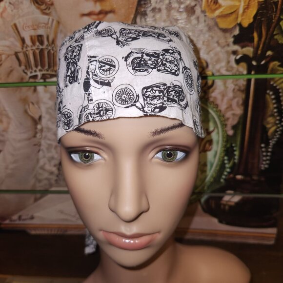 Motorcycle Print Cotton Scrub Head Wrap with Ties Unisex Scrub Cap Doo Rag - Picture 1 of 8